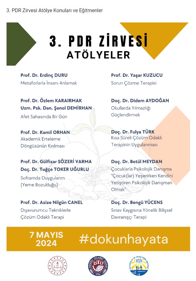 3. PDR Zirvesi Başlıyor!!!
Denizli İl Milli Eğitim Müdürlüğü yürütücülüğünde bu yıl 3. Kez düzenlenen PDR Zirvesi, 7 Mayıs Salı günü Sema Abdurrahman Karamanlıoğlu MTAL de gerçekleşecektir.
12 Eğitmenin katılacağı 3. PDR Zirvesinde 10 ayrı atölye çalışması yapılacaktır.