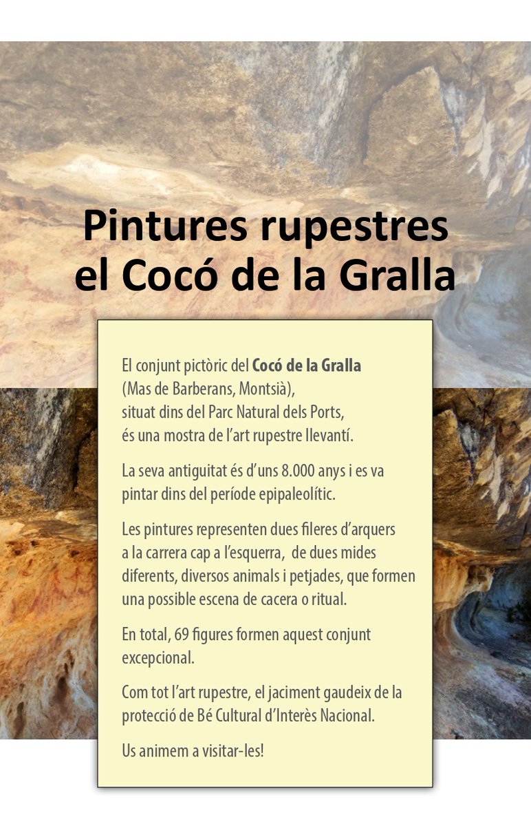 El @MuseudelaPauma, de Mas de Barberans, gestiona les visites rupestres del Cocó de la Gralla. La propera activitat familiar serà el 28/4, a les 11h, amb la isita guiada a les pintures + petit taller. Inscripcons de franc! 👉 ow.ly/UEeB50ReT3o @terresebretur #PNPorts