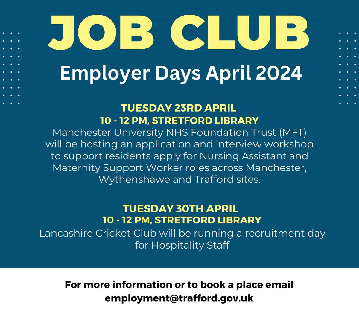Could your next role be with the NHS or Lancashire Cricket Club? Join these two local employers recruiting at Job Club @ Stretford Library. 👉 @MFTnhs 📅 Tues 23 April 🕙 10am to 12 noon 👉 @lancscricket 📅 Tues 30 April 🕙 10am to 12 noon More info: ow.ly/6IHq50ReTz9