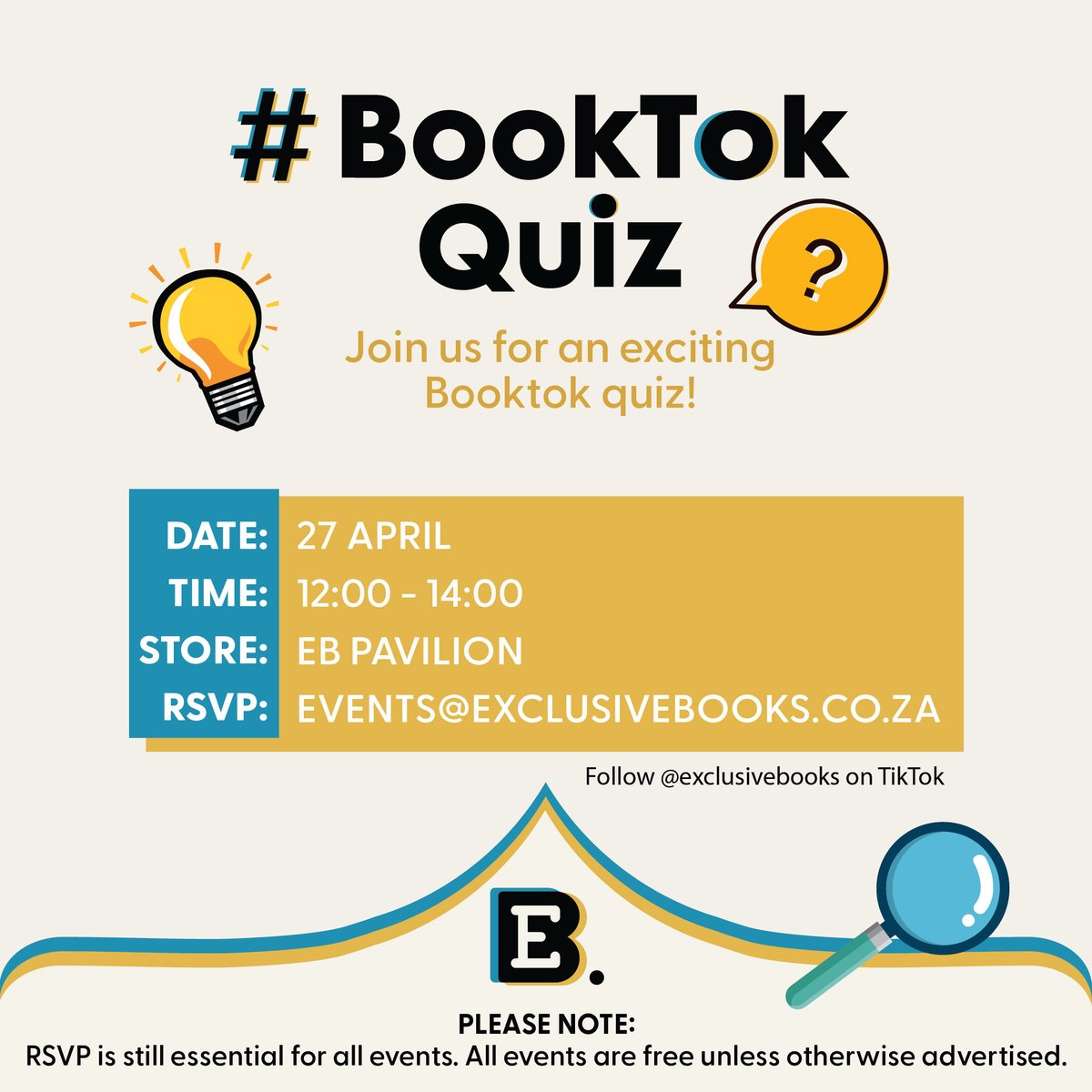 📍🗓️ Join us at EB @ThePavSA for a #BookTok Quiz! RSVP to events@exclusivebooks.co.za