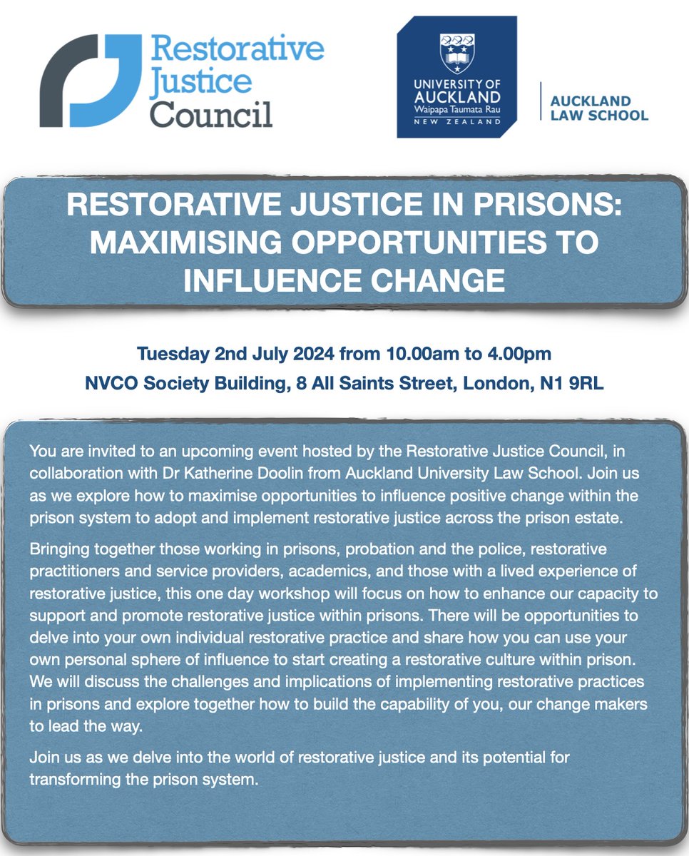 Registration for our #RestorativeJustice in prisons event is now open. These are events are always popular so we highly recommend that you head over to our website to secure your place - ow.ly/mRSN50ReRRj