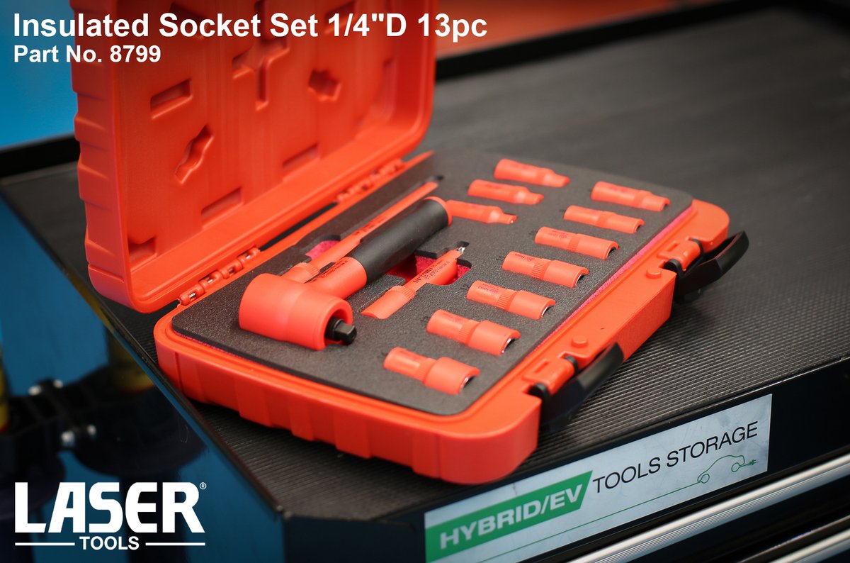 Another new addition to our range is this fully insulated 1/4'D socket set, IEC60900 certified for live working up to 1000V AC/ 1500V DC. Available to order now from your local Laser Tools stockist. (Part No. 8799). toolc.uk/8799 #LaserTools #Tools