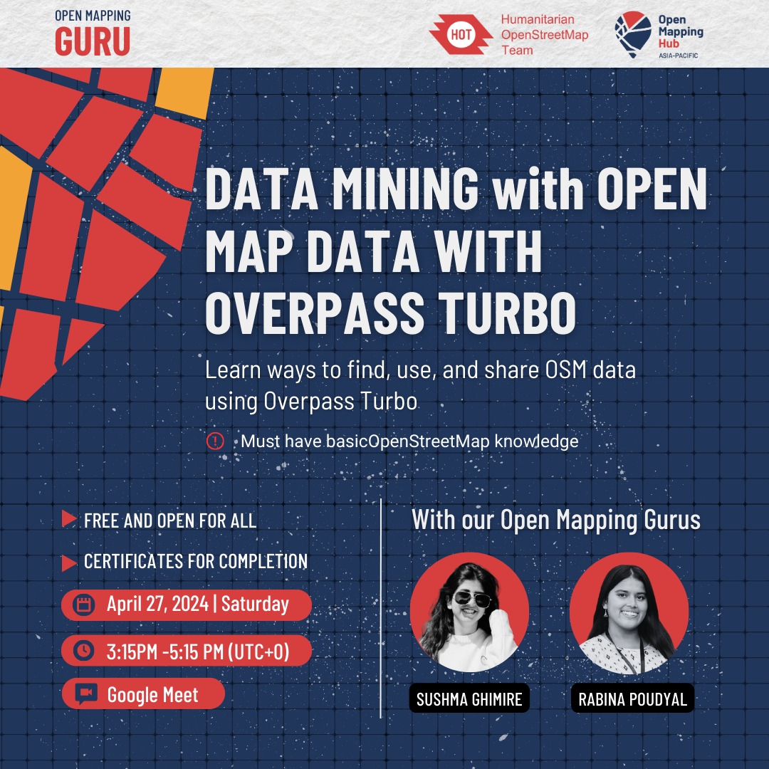 UPCOMING FREE ADVANCED OPENSTREETMAP TRAINING! April 20, 2024 - Beginner JOSM Validation Training April 27, 2024 - Data Mining with Open Map Data with Overpass Turbo Trainings are recommended for those with intermediate OSM knowledge. Register here: forms.gle/xGXjPgHehCk9pP…