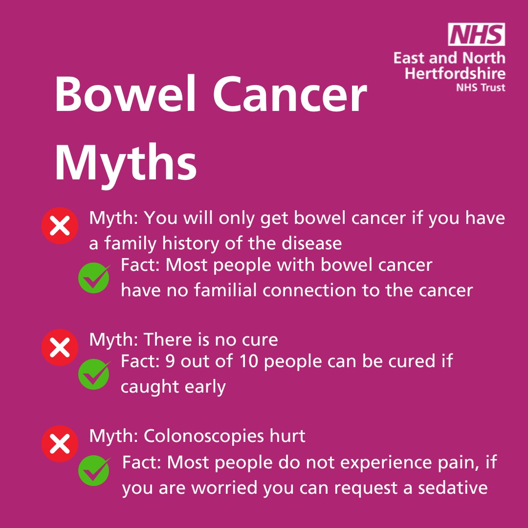 This #BowelCancerAwarenessMonth we want to inform people about some myths and facts of the disease 🗣️ See below for some common bowel cancer truths, including the fact that 9 out of 10 people can be cured if caught early 📅 See below for more guidance: nhs.uk/conditions/bow…