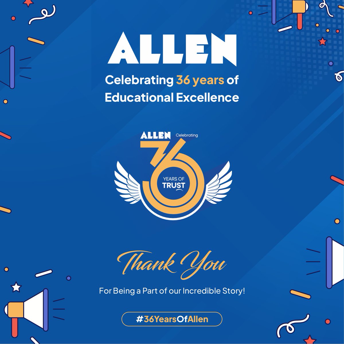 🎉 ALLEN turns 36! That’s right, 36 years of excellence. Let’s celebrate this milestone. We promise to keep the classes engaging, continue delivering outstanding results, and nurture the young minds. 🎈Happy Foundation Day!