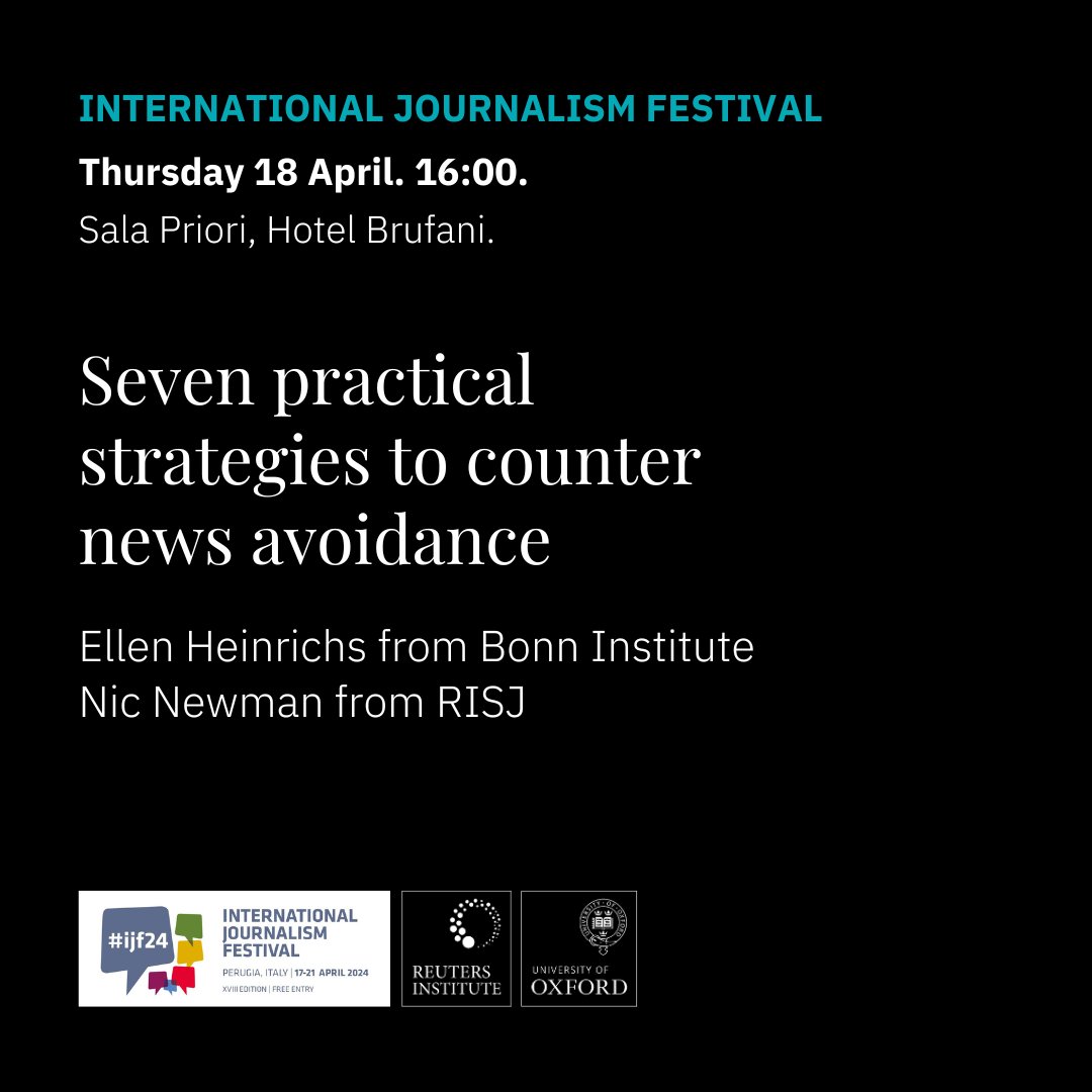 Reuters Institute (@risj_oxford) on Twitter photo We're following live this essential #ijf24 talk from our own <a href="/nicnewman/">nicnewman</a> and <a href="/ellen_sch/">Ellen Heinrichs</a> from <a href="/bonninstitute/">Bonn Institute</a> on practical strategies to counter news avoidance.
🧵 Highlights in thread
📺 Watch here: journalismfestival.com/programme/2024…
💻 Read a summary on our site: reutersinstitute.politics.ox.ac.uk/news/seven-thi… We're following live this essential #ijf24 talk from our own <a href="/nicnewman/">nicnewman</a> and <a href="/ellen_sch/">Ellen Heinrichs</a> from <a href="/bonninstitute/">Bonn Institute</a> on practical strategies to counter news avoidance.
🧵 Highlights in thread
📺 Watch here: journalismfestival.com/programme/2024…
💻 Read a summary on our site: reutersinstitute.politics.ox.ac.uk/news/seven-thi…