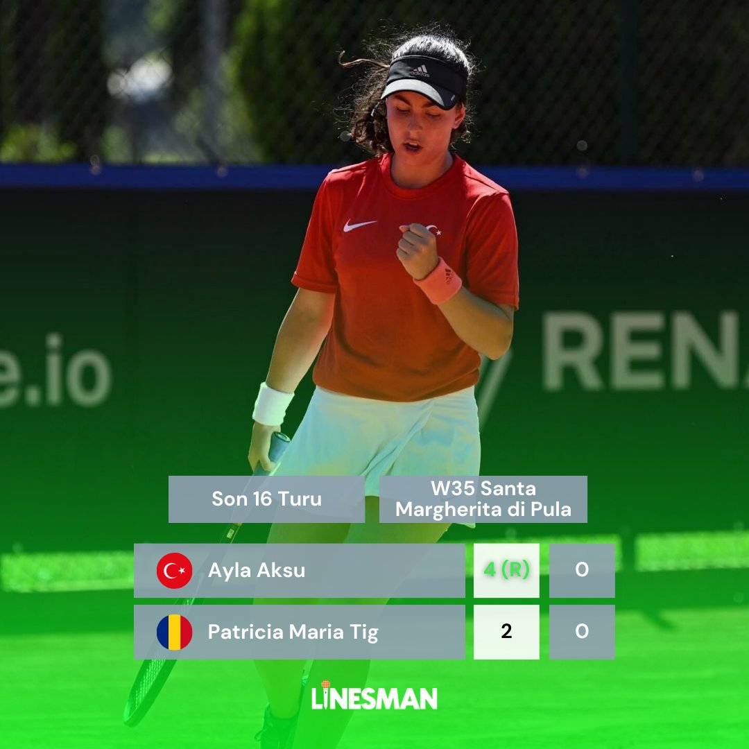 🎾 Milli raketimiz Ayla Aksu (@AylaAksu6), W35 Santa Margherita di Pula turnuvasının son 16 turunda Patricia Maria Tig'e karşı ilk seti 4-2 önde götürürken, rakibinin çekilmesi sonucunda çeyrek finale yükseldi. #TürkTenisi • #AylaAksu