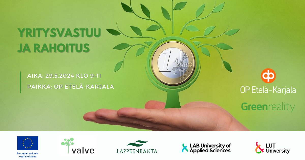 🍀 #Yritysvastuu ja #rahoitus -tilaisuus 🍀 
🕛29.5.2024, klo 9–11
🏢 OP Etelä-Karjala, Kirkkokatu 9, Lappeenranta

👉 Lue lisää ja ilmoittaudu:  greenreality.fi/tapahtumat/yri…

#vastuullisuusraportointi #greenreality #greenrealitynetwork #lappeenranta #opeteläkarjala #valve