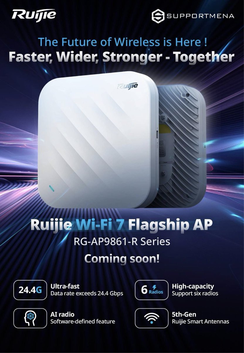 Faster, wider, and stronger!

The all-new Ruijie Wi-Fi 7 Flagship Access Point is coming soon, and it's built to deliver unparalleled performance for your business.

#SupportmenaTechnologies #WiFi7 #Ruijie #AccessPoint #WiFiSolution #NetworkSolution