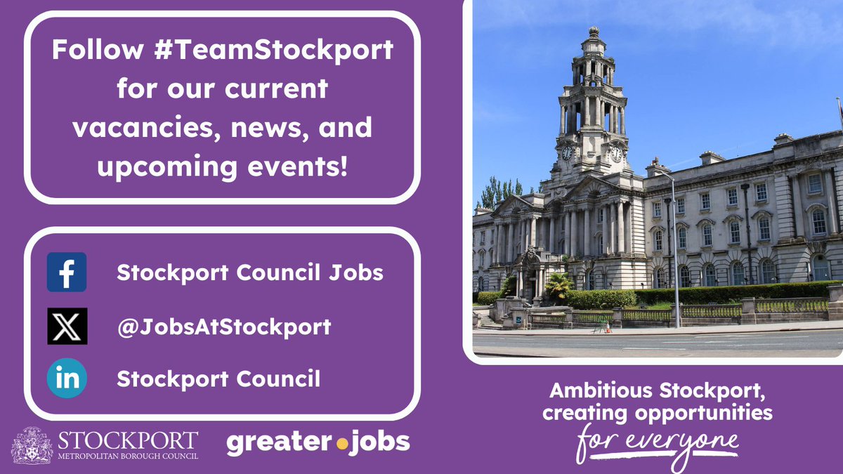 Stay updated with #TeamStockport!  Make sure to like, follow, and repost to discover our new opportunities!

Facebook 👉 orlo.uk/oHLGl 
Twitter (X) 👉 orlo.uk/hKY6d 
LinkedIn 👉 orlo.uk/BhTuf

#AmbitiousStockport #StockportJobs #StockportCouncil