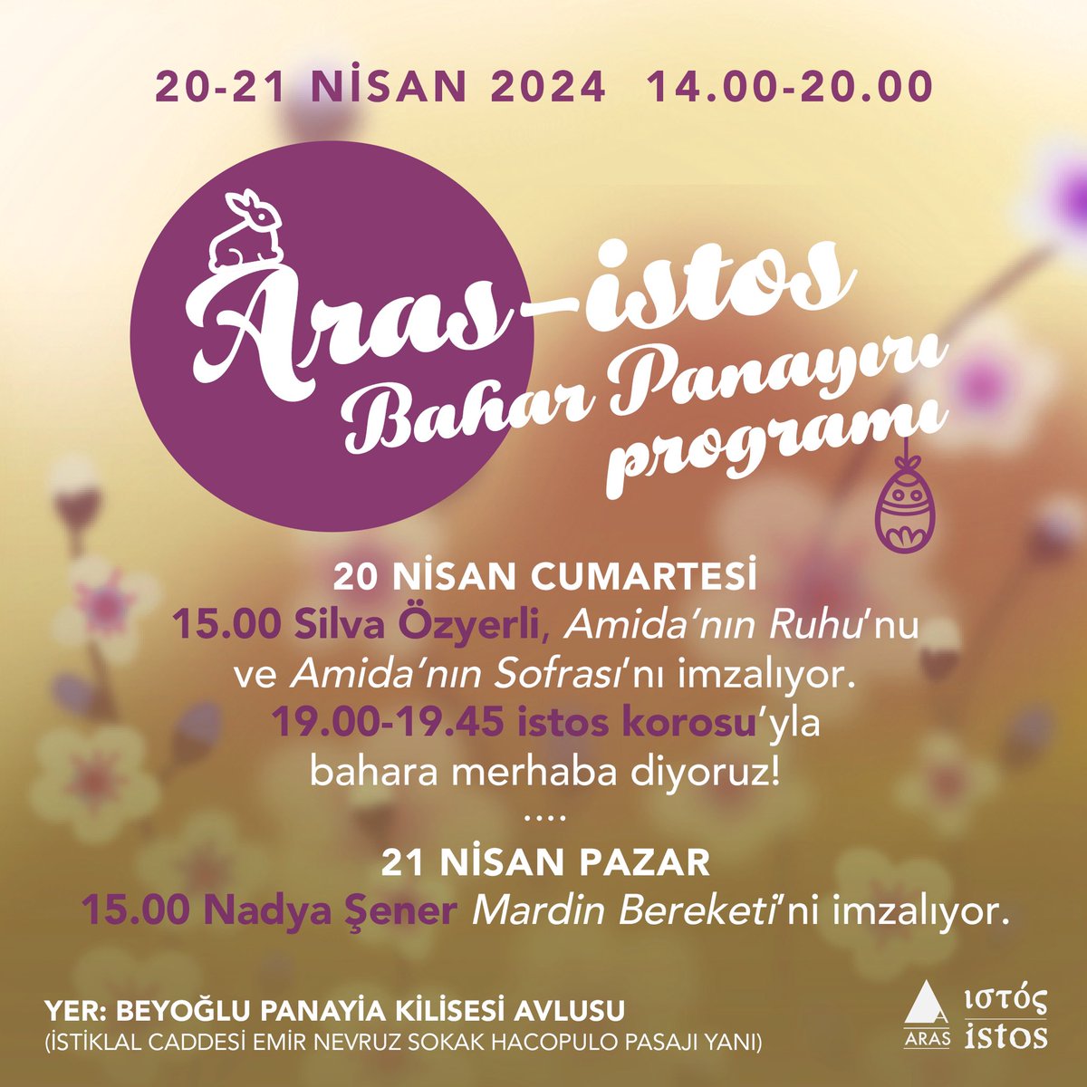 Beyoğlu Panayia Kilisesi’nde gerçekleşecek kitap panayırımıza çok az kaldı! 20-21 Nisan tarihlerinde Aras ve istos kitaplarıyla baharın gelişini kutlamaya ne dersiniz? 🌸🌿📚