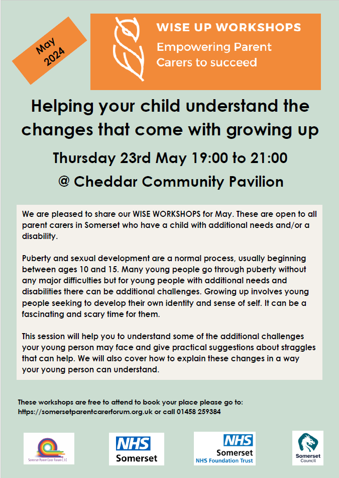 FREE Workshops for parents / carers who have a child with special needs. 📅Thursday 23 May ⏰19.00-21.00 📍Cheddar Community Pavilion 🔗somersetparentcarerforum.org.uk/home/wise-up-w…