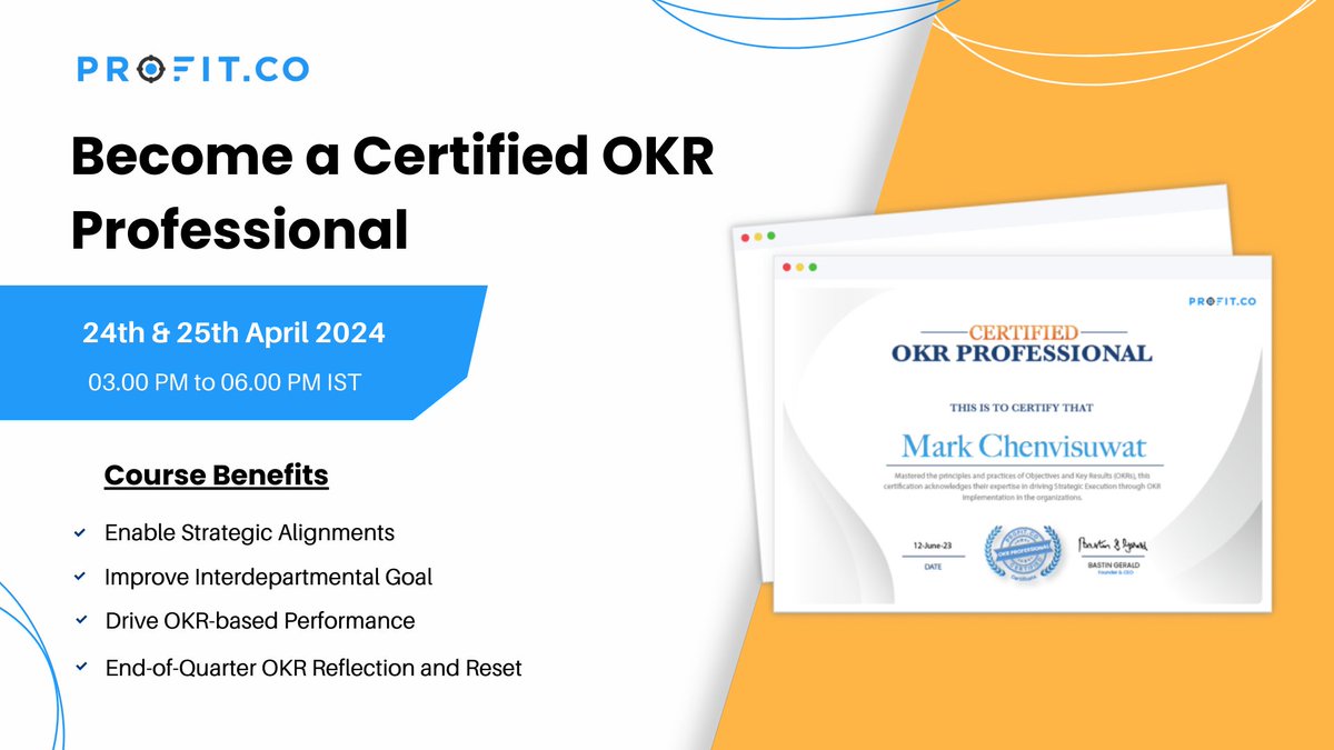 Master strategic alignment with #OKRs! Join our OKR Program for Professionals:

- Craft powerful OKRs
- Plan strategically
- Execute with precision
- Reflect and recalibrate
- Ensure long-term success

Enroll now- eu1.hubs.ly/H08GqqB0

#Profitco #certification #OKR