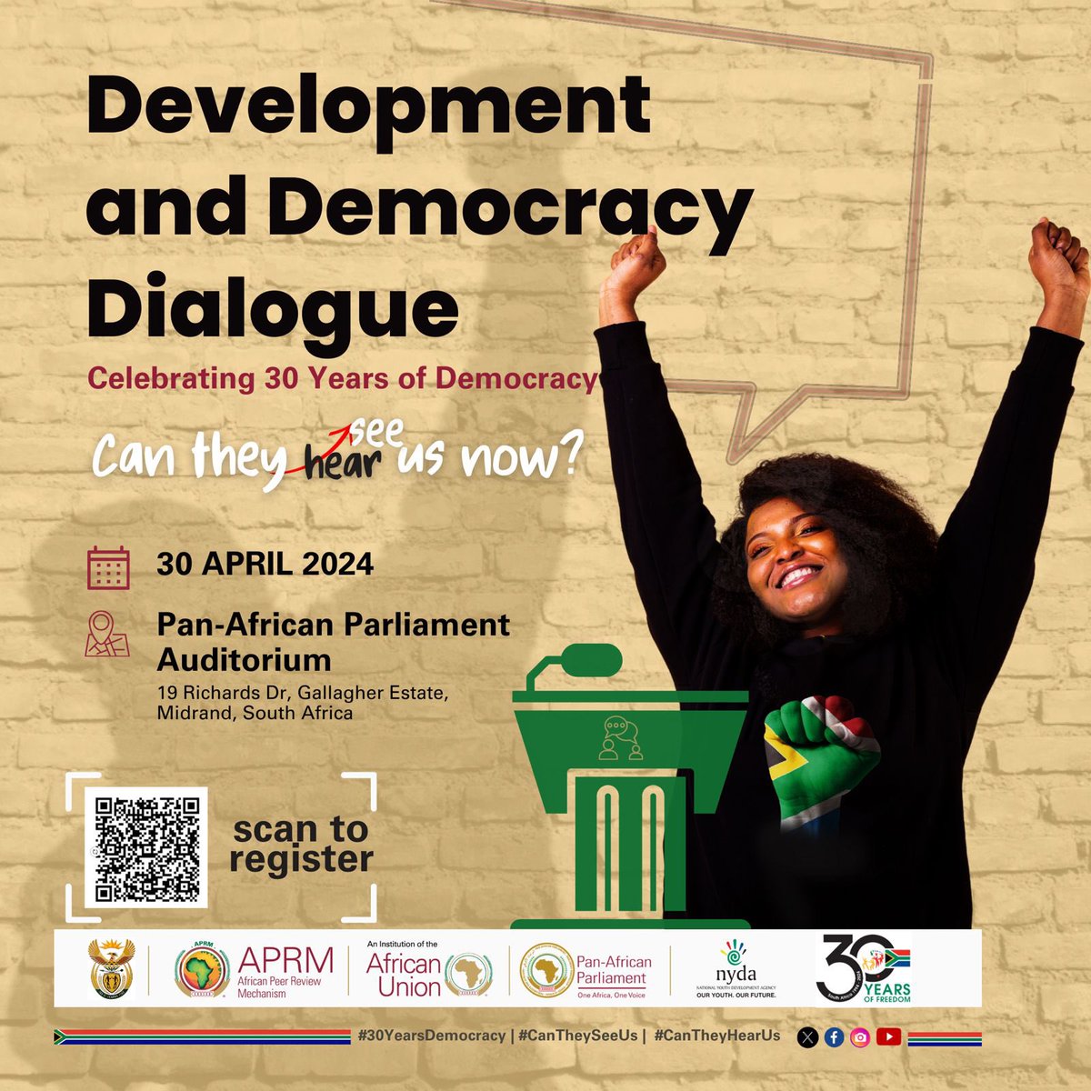 In celebrating South Africa's 30th Anniversary of Democracy, the APRM is excited to announce the Development and Democracy Dialogue, set to take place at the Pan African Parliament  on April 30th, 2024 in partnership with @NYDARSA and @AfrikParliament .   This commemoration holds