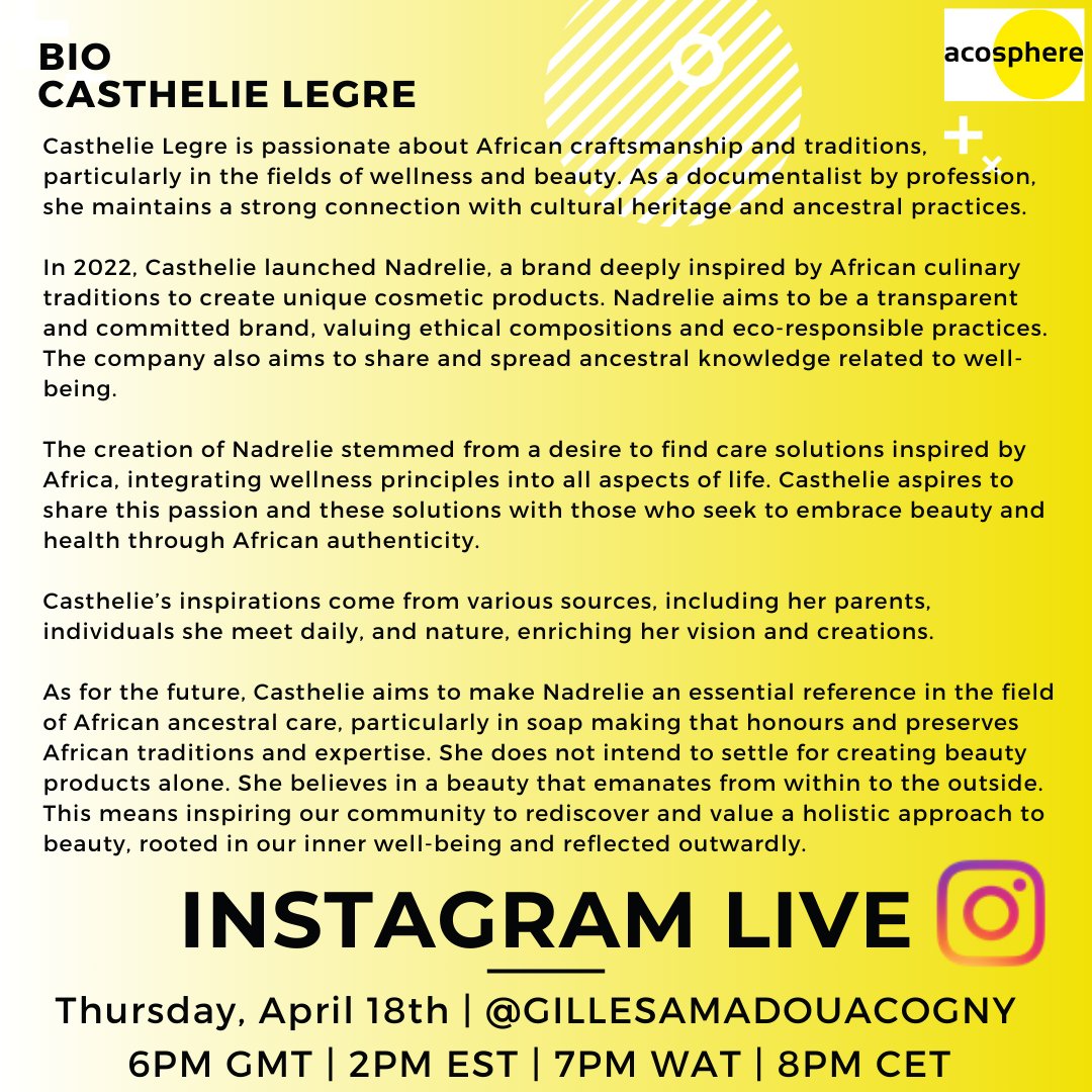 Acosphere's tweet photo. Join us today with Casthelie LEGRE on Instagram @gillesamadouacogny with Nadia Mensah Acogny at 2pm EST (NY-MIAMI time), 6pm GMT (Dakar-London time), 7pm WAT &amp; CET (Lagos-Paris time)!  Join us to hear more about her brand, Nadrelie, of health and well being products. https://t.co/aVFOgmKpEI