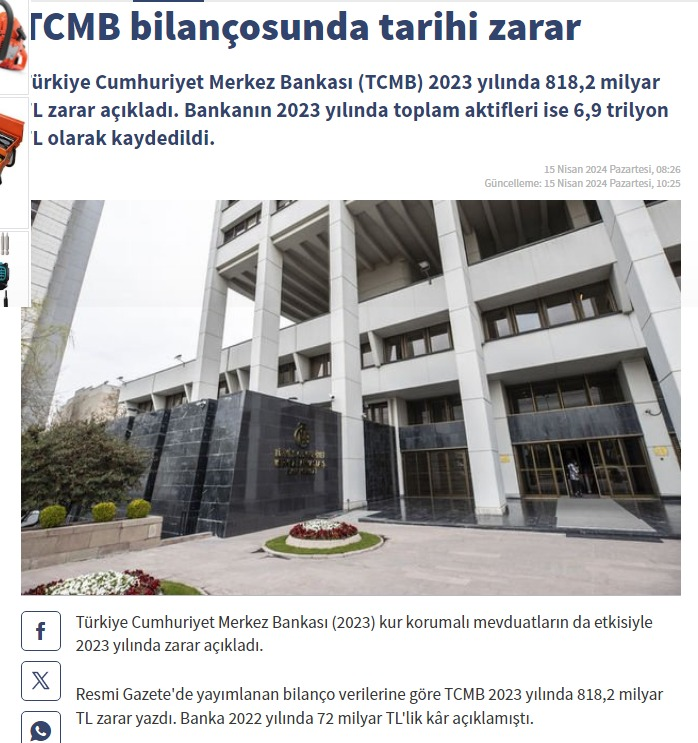 KKM nedeniyle TCMB 2023 yılında dev zarar açıkladı. TCMB 2023 zararının 818,2 milyar TL olduğunu bildirdi. Henüz realize edilmemiş “diğer” kalemler toplamı da 817,8 milyar TL olarak sabitlendi. Bunun sorumlusu bizler değiliz😡 #EmekliBittinizDedi