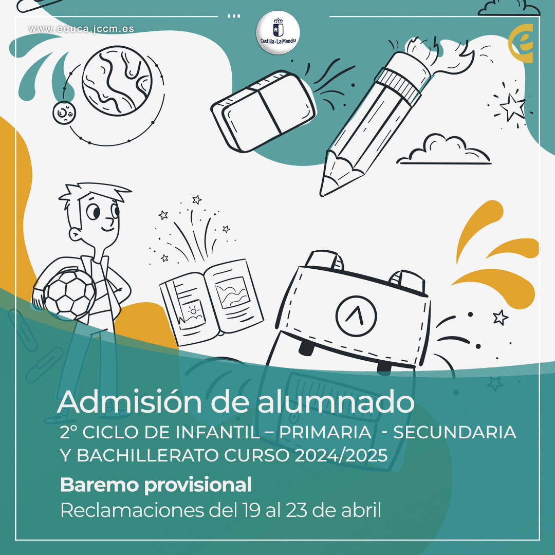 educajccm's tweet photo. 📢 Publicado el Baremo provisional de Admisión 2º ciclo de Infantil, Primaria, ESO y Bachillerato. Curso 2024/2025. 

🗓️ Plazo de reclamación del 19 al 23 de abril en #EducamosCLM.

📋 Listados en: https://t.co/O90u9VAGex https://t.co/4tSSch44wh