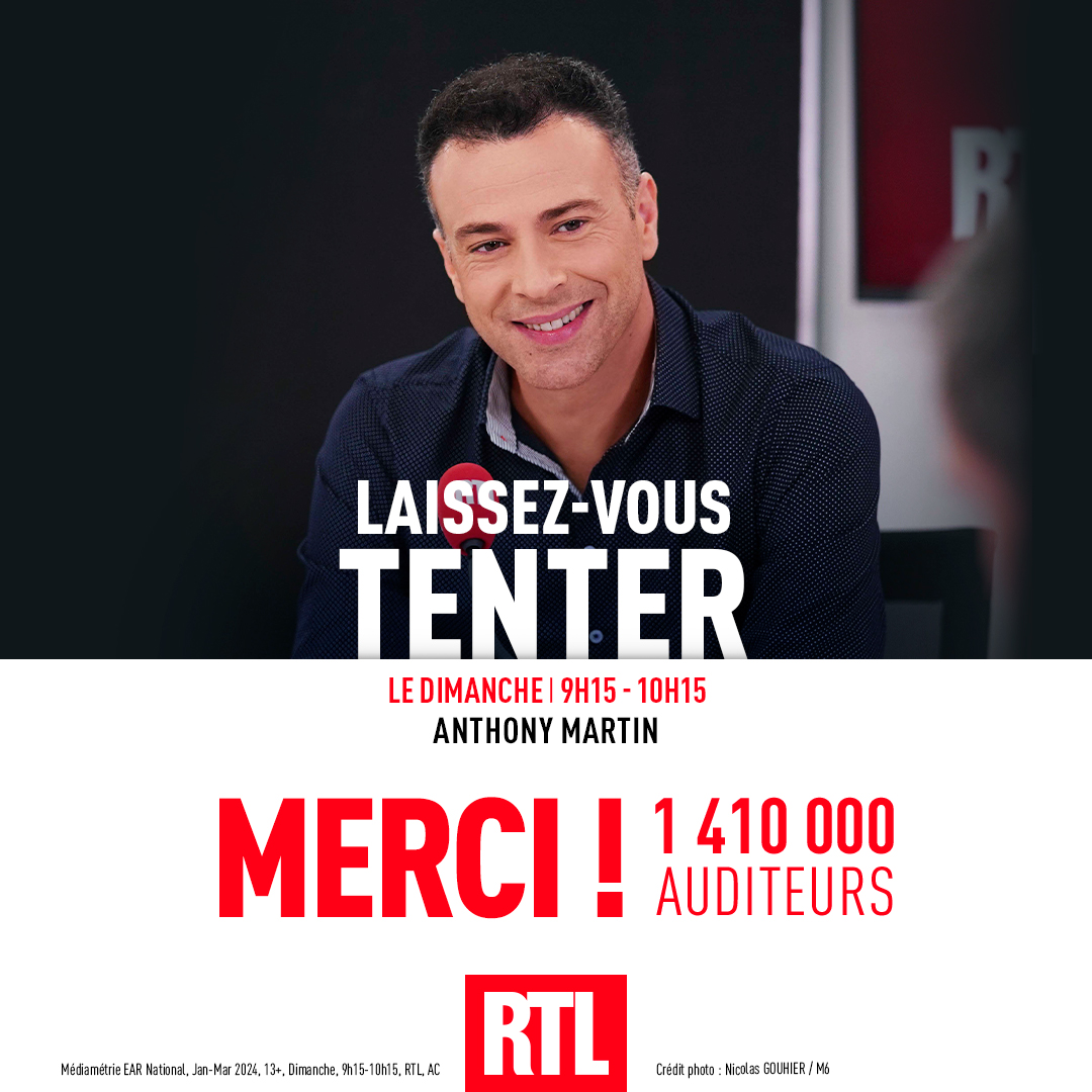 🎙🔴#AudiencesRadio MERCI ! 🎟️ 1,4 million d’auditeurs pour #LaissezVousTenter, le rendez-vous de @RTLFrance qui couvre toute l'actualité culturelle ! 📈 13,7% de PDA #Radio #Médiamétrie @LVT_RTL