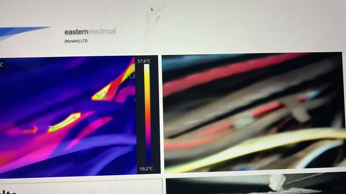 EastElectrical's tweet photo. On this day 2023 during an inspection we located a degrading cable joint in a trunking run using thermal imaging. 120A supply to an industrial plant preventing a nasty situation #thermalimage #electrical #fault #heat #thermography #inspection #EICR #safety #OnThisDay https://t.co/DAJAFY1ZPb