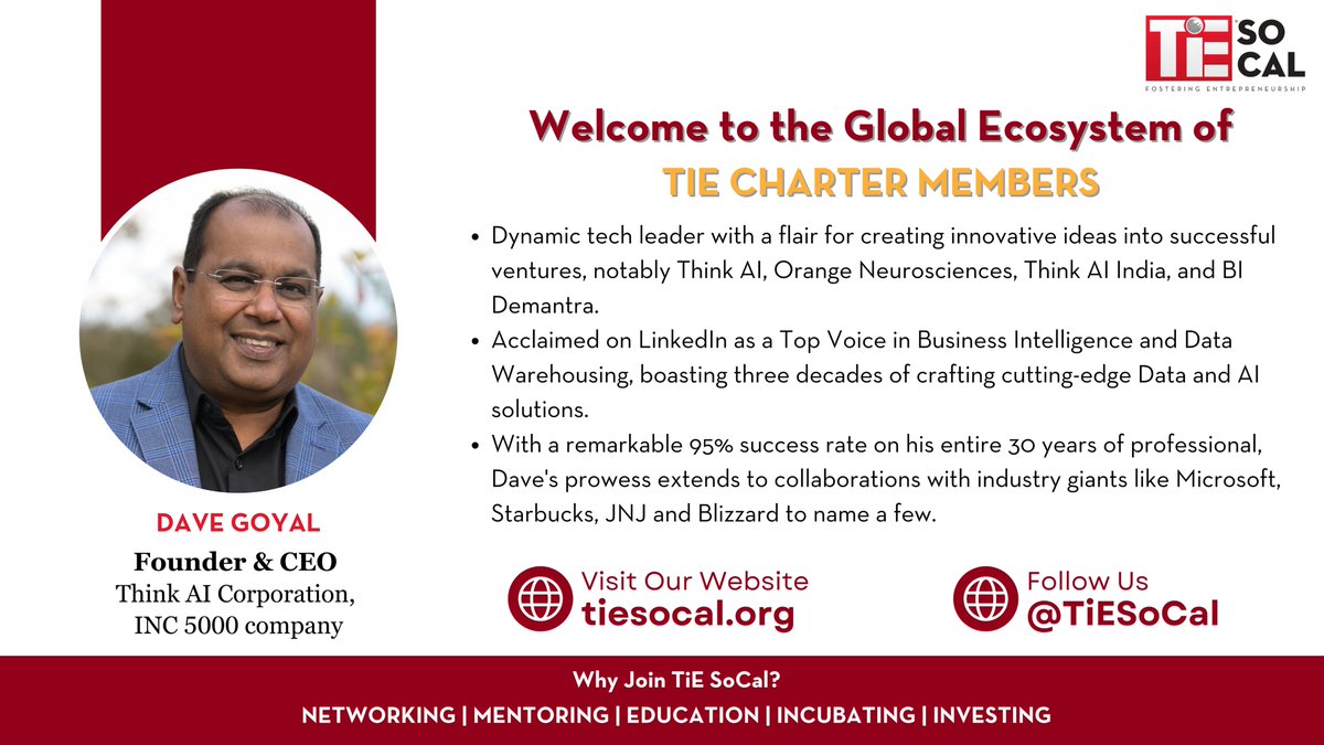 Please welcome the newest member of the TiE SoCal Charter Member Group - Devendra Goyal, Founder & CEO of Think AI Corporation, an Inc 5000 company.

#TiESoCal #BusinessGuru #Entrepreneur #BusinessMaverick #Welcome #CEO #Innovation #TechLeadership #LeadershipLegacy #Innovation