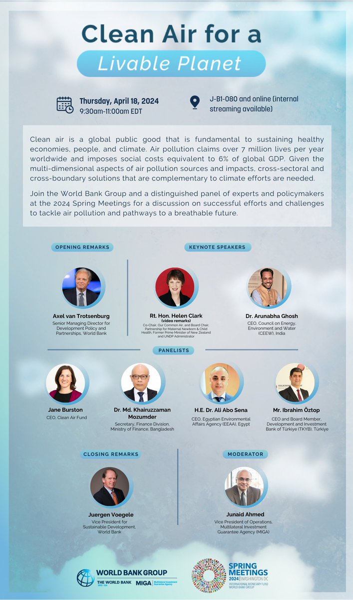 #HappeningToday 🌎Clean air is fundamental to sustaining healthy economies, people & climate. At the @WorldBank-@IMFNews Spring Meetings, #OurCommonAir brings together development leaders to discuss efforts to reduce air pollution & scale financing for clean air. Know more👇