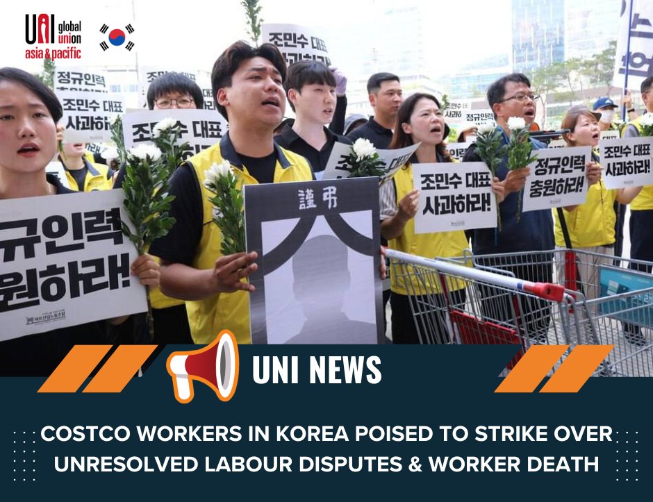 🇰🇷 Korean Federation of Service Workers Unions (KFSU), to strike on 27 April 2024 against the Costco Korea Management✊

📢One of the demands to guarantee 5,000 hours of full-time exemption for union activities as per the Labour Standards in 🇰🇷

Read: bit.ly/445oMED