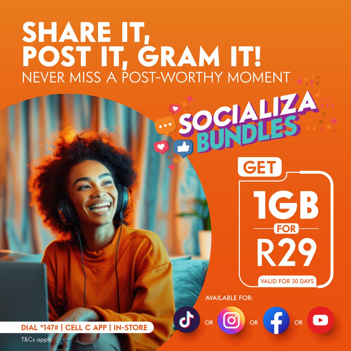 Never miss a notification when on the X streets! Cell C’s Socializa Bundles is the one! Get 1GB for X for R29 and #ChangeYourWorld today! T&Cs apply. 🧡