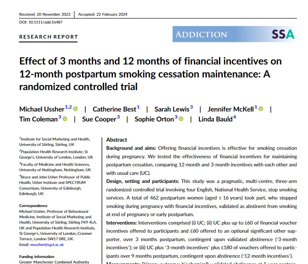 🆕📢 NEW PUBLICATION🆕📢 Research led by @ismh_uos examining the impact of financial incentives on postpartum smoking cessation is out now in @AddictionJrnl You can read the full paper open access (£0) here: 👇 onlinelibrary.wiley.com/doi/full/10.11…