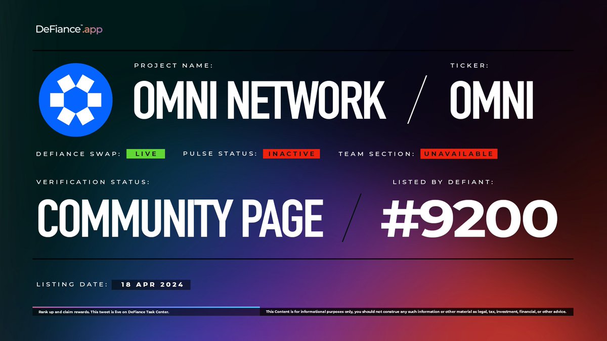 .@OmniFDN community page is now live on DeFiance.app/project/Omni_N…. 

$OMNI is now listed on #DeFianceSwap. 

Omni is an Ethereum-native interoperability protocol that establishes low latency communications between all Ethereum rollups. 

Learn more at: users.DeFiance.app.
