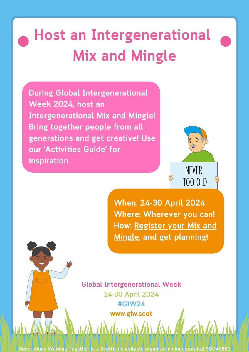 #GIW24 Starts next week! - 24 April 2024 till 30 April 2024. Are you hosting an #intergenerational 'mix and mingle'? Use our activity guide to get inspiration - and if you are hosting an event, don't forget to register with us. 👇 generationsworkingtogether.org/global-interge…