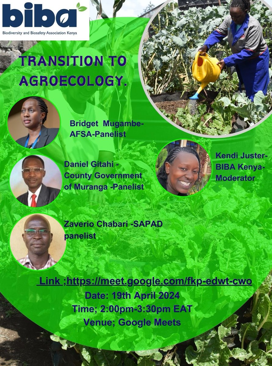 Agroecology is not an option it's a necessity. Join us tomorrow on Friday 19th April 2024 from 2:00pm-3:30pm EAT, to discuss the different ways we can transform our food systems to become more resilient, productive and sustainable. Link: meet.google.com/fkp-edwt-cwo #Agroecology