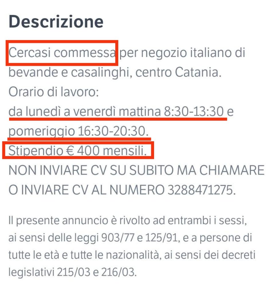 Giul_Granato's tweet photo. 9 ore al giorno per 5 giorni a settimana, per un totale di 45 ore settimanali.

La paga? 2,2€ l'ora, 20€ al giorno, 100€ a settimana, 400€ mensili.

Letteralmente la fame.
Eh, però manca la voglia di lavorare...

Guerra al #lavoronero e #salariominimo di almeno 10€ l'ora! https://t.co/KPKZ4tFeBG