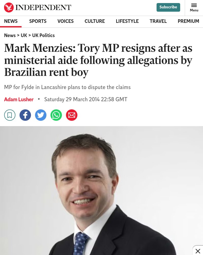 Reading about the Mark Menzies scandal. I wondered if he was gay. Found this from 2014. Why is someone with this history even allowed to be an MP? And before I'm called homophobic it just seems that gay MPs are more open to blackmail independent.co.uk/news/uk/politi…