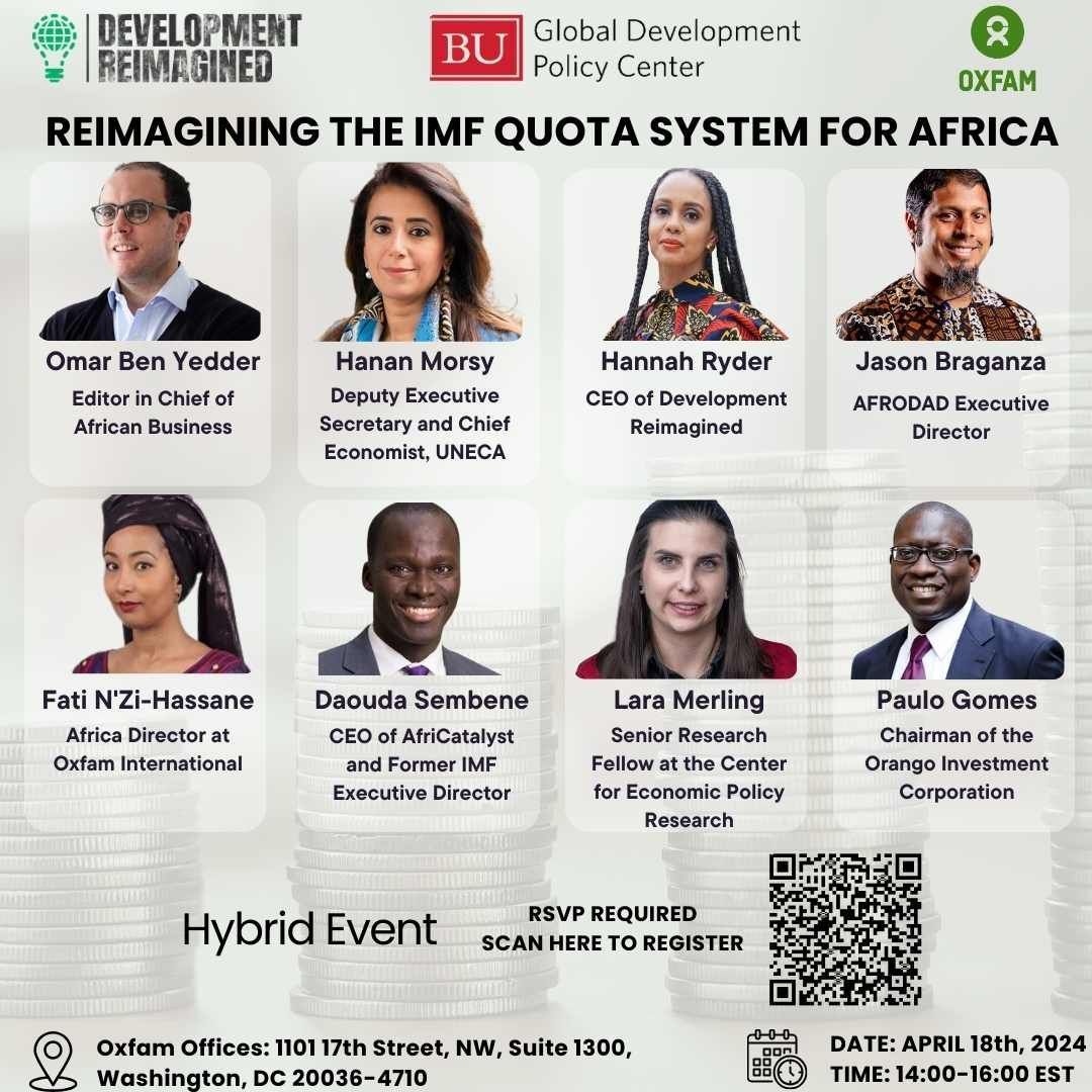 DevReimagined's tweet image. Happening today on the sidelines of the #SpringMeetings2024 in DC together with Boston University's @GDP_Center and @OxfamAmerica to discuss #reimagining the IMF's Quota System for Africa.  

Register by scanning the QR code or by clicking the link : buff.ly/3PDLugY