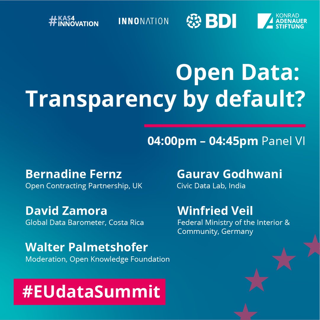 📌Happening today Join David Zamora in conversation with colleagues from @opencontracting, @civicdatalab, German Federal Ministry of the Interior, & @OKFN at the #EUDataSummit panel discussing open data and transparency. #GlobalDataBarometer ⏰4PM CET. 🔗kas.de/en/events/deta…