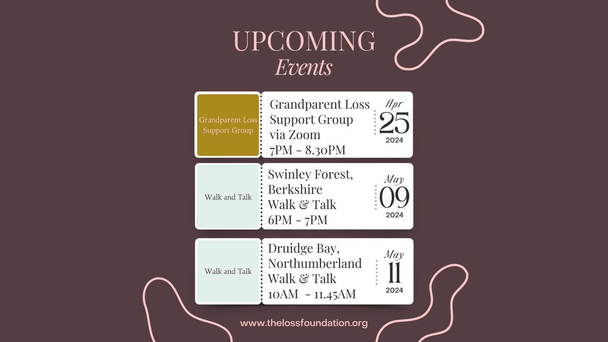 For the full calendar of events please click below. 👇 thelossfoundation.org/events/month/ You can register for any of our events for free. #cancerloss #griefsupport #loss #bereavementsupport #walkandtalk #onlinegroup #freeevent #community #connection #GriefCommunity