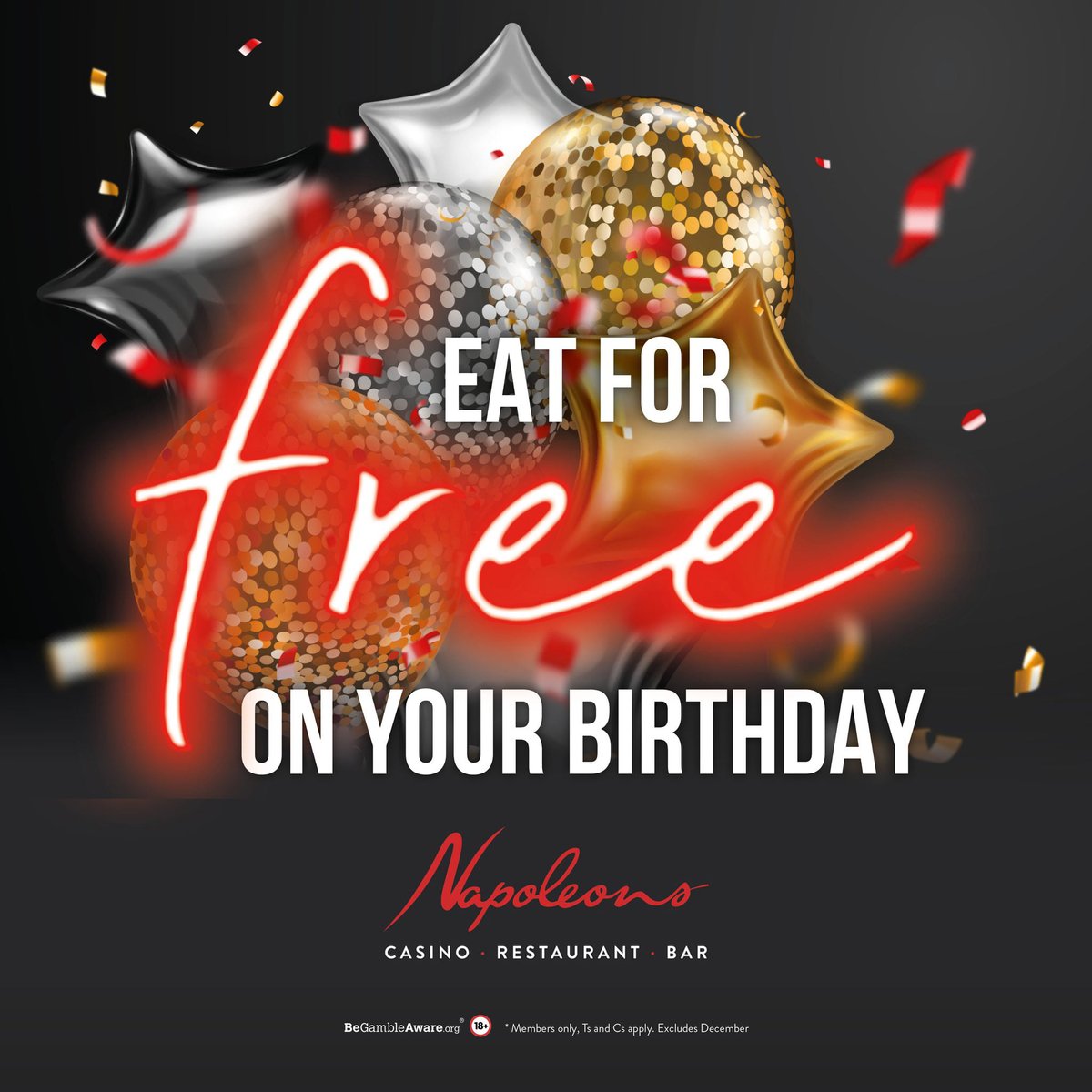 🥳 Is it your birthday month? Celebrate in style at Napoleons Casino and enjoy a FREE mouthwatering 3 course meal on us - inclusive of a drink and £5 bet! 👀 Reserve your table of 4 or more now: tinyurl.com/yrvbs52s 🎂