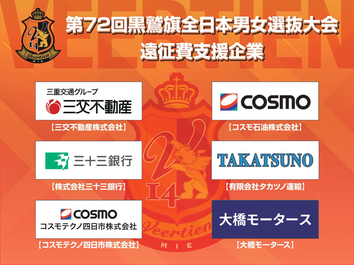 Veertien_VC's tweet photo. 【黒鷲旗全日本男女選抜大会　遠征費支援について】

黒鷲旗全日本男女選抜大会に係る遠征費につきまして、6社の企業様より支援をいただきましたことをここに報告いたします。

https://t.co/Gy6ZH5vRvD

強豪チームとの戦いが待っておりますが、1点1点大事に戦い抜きたいと思います。 https://t.co/KLmIzU7i4d