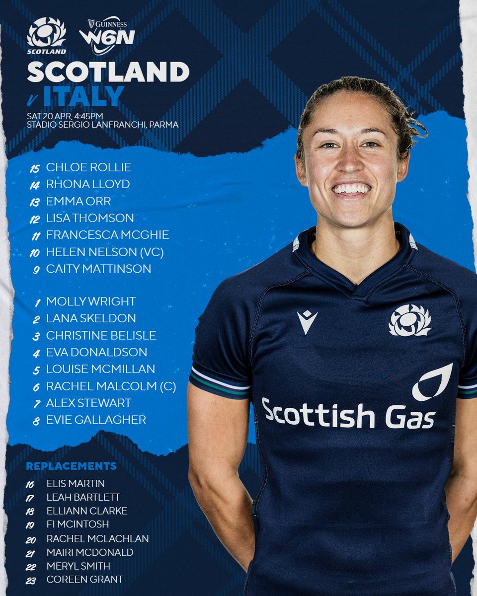 Gary Heatly (@g_hmedia) on Twitter photo On Saturday in Parma <a href="/RhonaLloyd96/">Rhona And The Whales</a> will win her 50th <a href="/Scotlandteam/">Scottish Rugby</a> cap while <a href="/EvaDonaldsonn/">Eva Donaldson</a>, after nine caps off bench, earns her first start...
Molly Wright, Francesca McGhie + <a href="/lisathomson10/">Lisa Thomson</a> come into the starting XV alongside Donaldson to face Italy in the <a href="/Womens6Nations/">Guinness Women's Six Nations</a> On Saturday in Parma <a href="/RhonaLloyd96/">Rhona And The Whales</a> will win her 50th <a href="/Scotlandteam/">Scottish Rugby</a> cap while <a href="/EvaDonaldsonn/">Eva Donaldson</a>, after nine caps off bench, earns her first start...
Molly Wright, Francesca McGhie + <a href="/lisathomson10/">Lisa Thomson</a> come into the starting XV alongside Donaldson to face Italy in the <a href="/Womens6Nations/">Guinness Women's Six Nations</a>