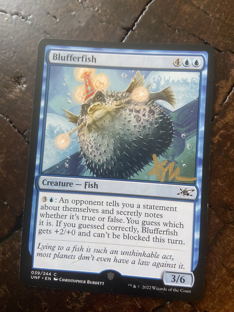 So yesterday I had one of the funnest games of magic I’ve had in awhile, and it’s all because my wife drafted this fucking thing. It lead to so many funny moments and it is going in the party box, signed by her. Sealed unfinity is awesome fun