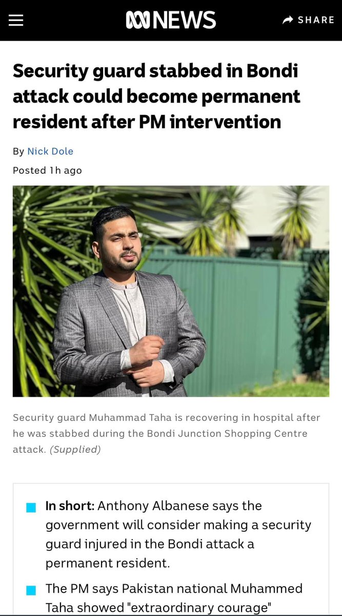 PM Albanese has announced a good news for Pakistani guy who was stabbed in shopping centre and currently recovering from it. #bondijunction 
#SydneyAttack