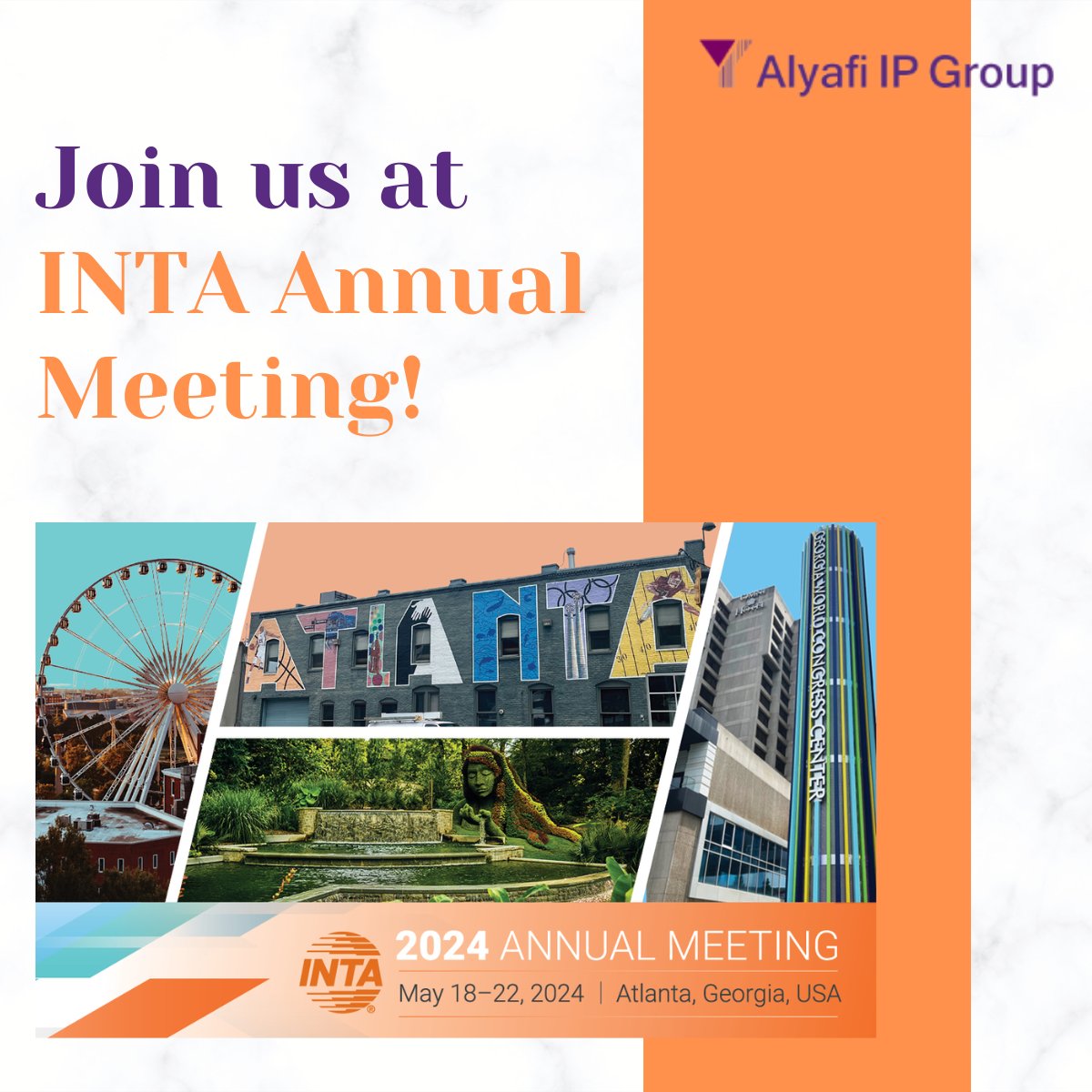 AlYafiIPGroup's tweet photo. Only a month left until we gather in Atlanta, Georgia for the INTA Annual Meeting! @INTA 
#INTA2024 #INTAAnnualMeeting #IndustryLeaders #NetworkingOpportunity #IPInnovation #IPLeaders #Networking #TrademarkLaw #BrandProtection #IPServices #MiddleEastIP #GCCIP #NorthAfricaIP https://t.co/MJ4XJVUrIA