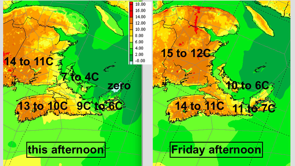 Clear skies in W Maritimes: some low teens this aftn. Sunshine develops further E, but a north breeze keeps temps in single digits. Lighter winds Friday: cool am but warmer aftn. Rain develops Sat am NB then aftn PEI-W NS & eve E NS (guessing 5-6pm HFX). Clears Sunday.