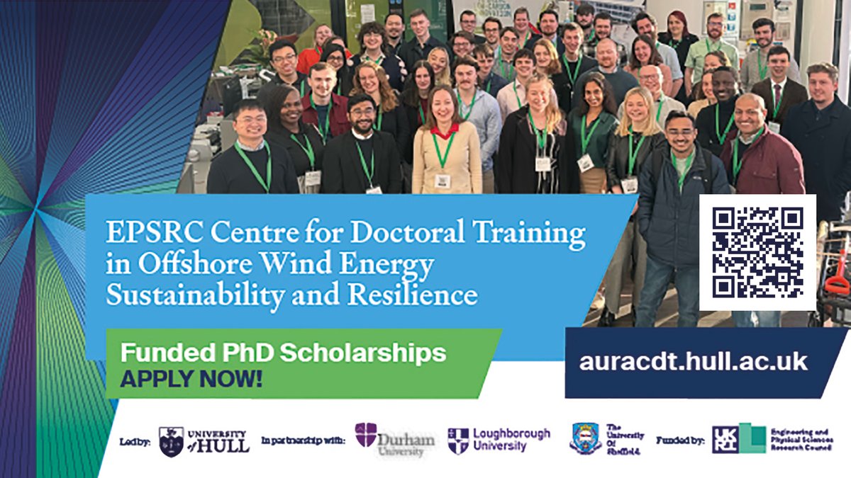 Please RT: Applications are open for #PhD scholarships in offshore wind innovation
Apply by 16 May for funded PhD research with @UniofHull @durham_uni @lborouniversity & @sheffielduni & kickstart your career in the growing #renewables sector
#EPSRC_CDTs
auracdt.hull.ac.uk/scholarships/