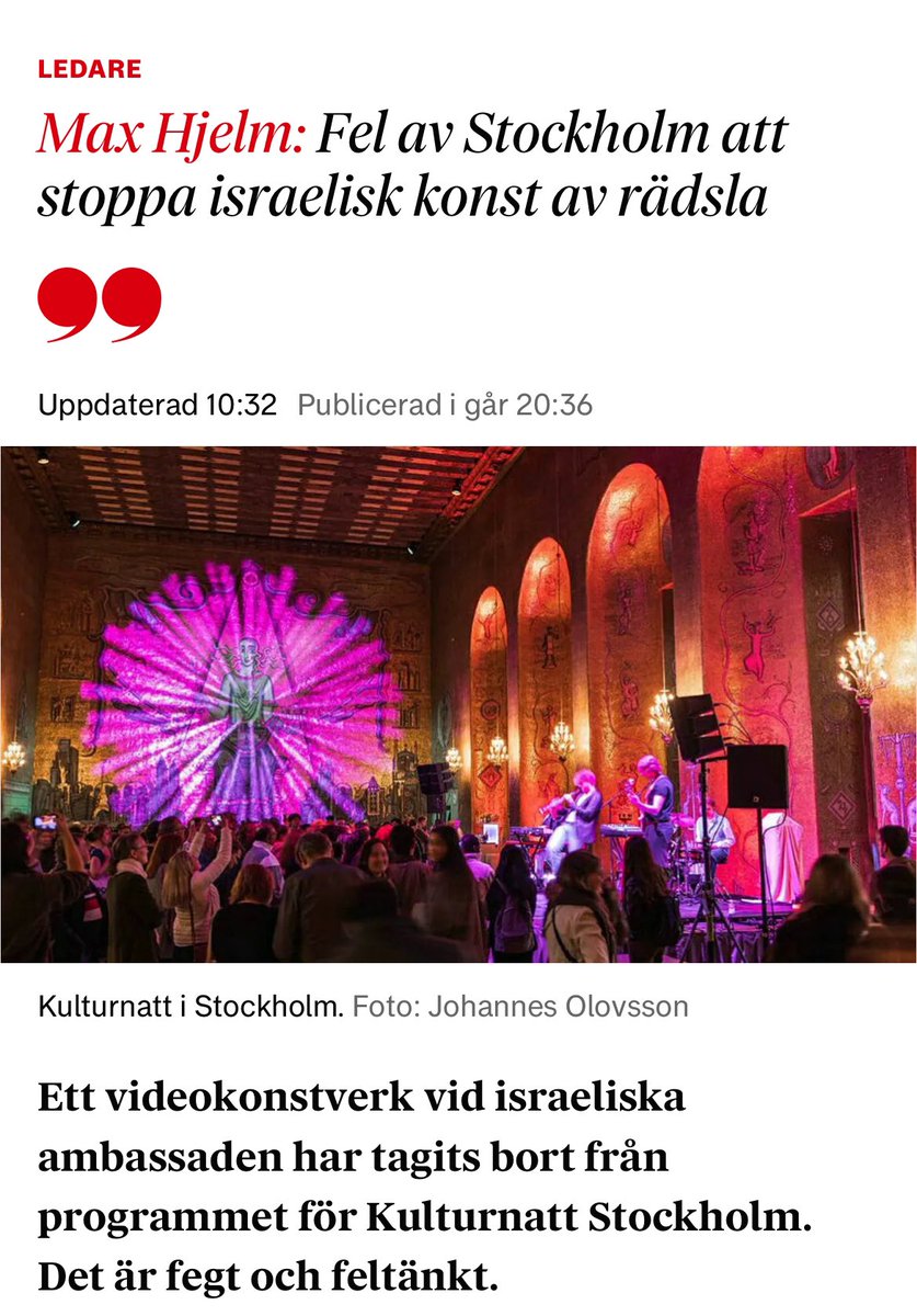 Socialdemokraterna stoppar israelisk konst på kulturnatten i Stockholm i helgen, trots att ambassadören själv uttryck en önskan om att den ska visas. Det är moraliskt förkastligt. Jag hoppas att S-styret tar sitt förnuft tillfånga och drar tillbaka beslutet.