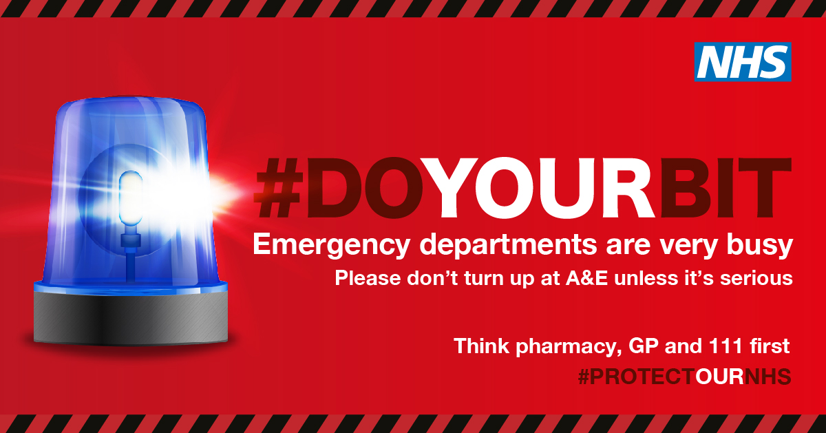 🚨 We need your help 🚨Please #DoYourBit and help us keep A&E free for serious emergencies only Think GP, NHS 111 online or pharmacy first before coming to A&E or calling 111 or 999