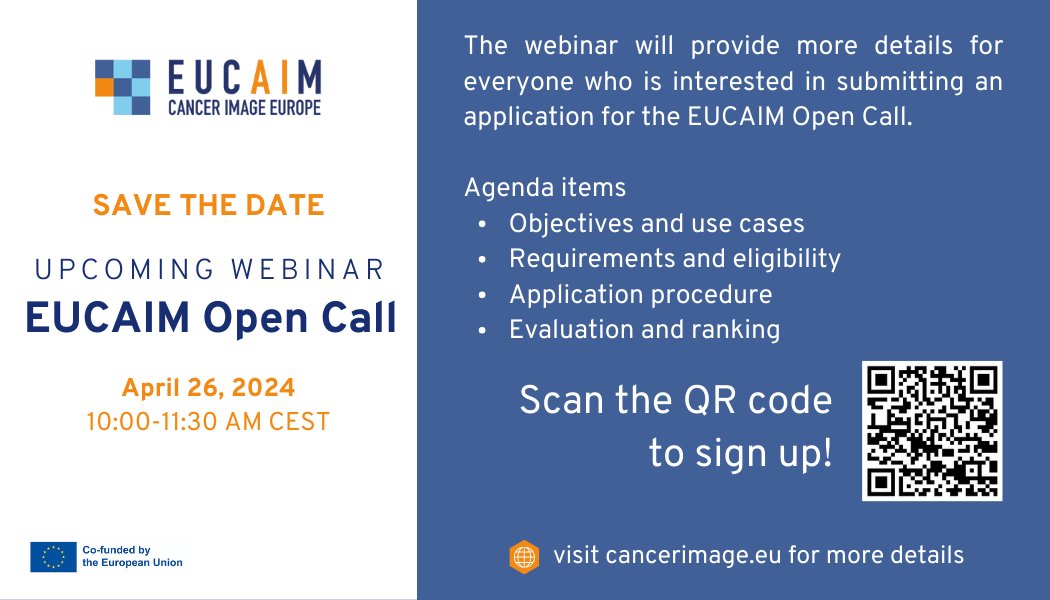 📢Learn more about #EUCAIM’s Open Call for new beneficiaries! 🔘Webinar for individuals/organisations interested in contributing to cutting-edge cancer research & innovation to learn about joining the EUCAIM consortium ➡bsc.es/Zz2