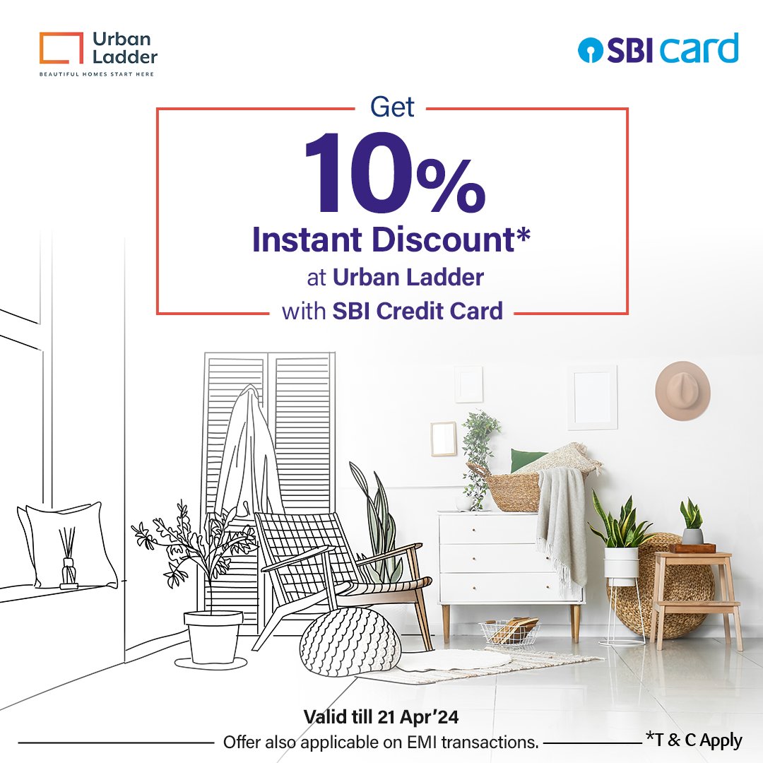 Get 10% Instant Discount* at Urban Ladder with SBI Credit Card. Offer also applicable on EMI transactions. Valid till 21 Apr’24 Minimum transaction: ₹20,000 Max Discount per card: ₹3,000 Know more: sbicards.net/urban-ladder-o… *T&C Apply #SBICard #Discounts #Offers #Deals