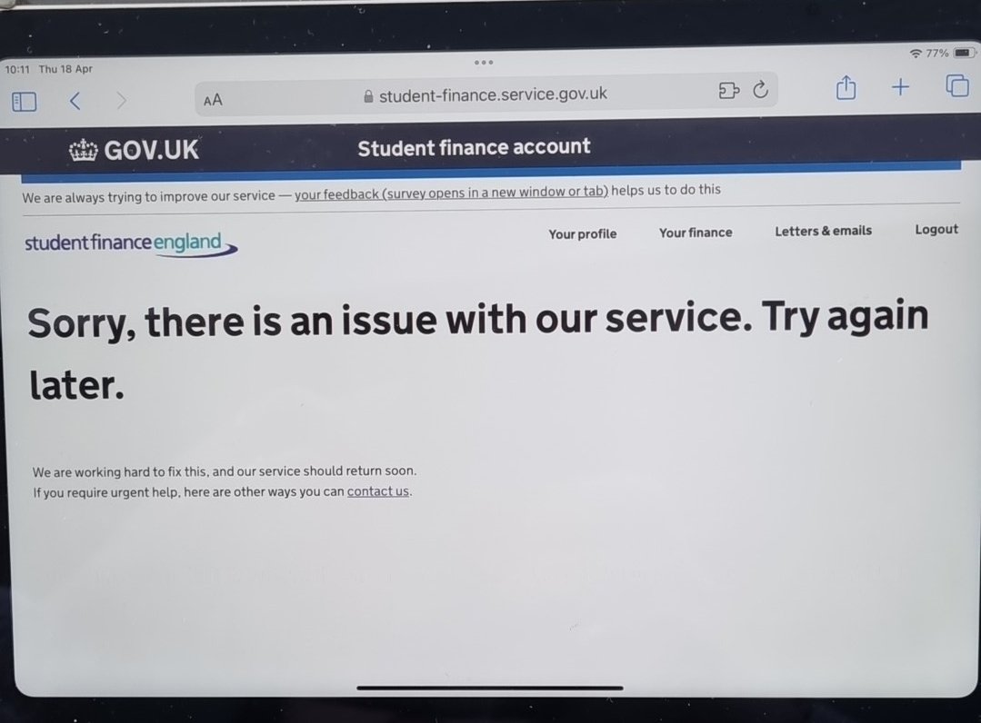 Melp1969's tweet photo. @SF_England When will the site be back up to make applications? The message says 'Sorry, there is an issue with our service. Try again later' but it's been like this for days. I tried calling and was told there wasn't anything wrong with the site, I must be doing something wrong. https://t.co/2CoLbnSWyZ