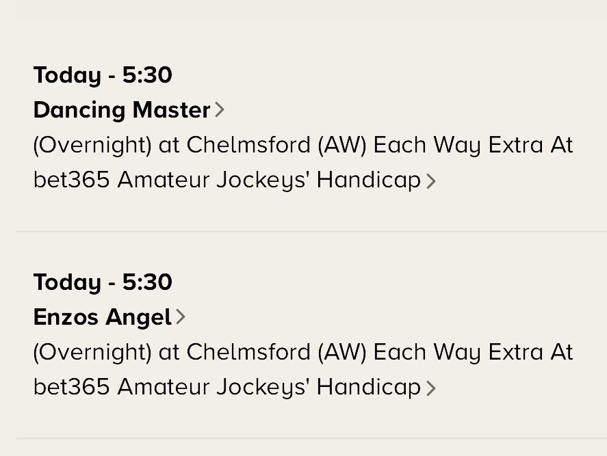 2 Runners for Team @Neil_Mulholland today at @ChelmsfordCRC Best of Luck 🤞 @Conoroneill83 @Kieramul @brianfmul @Stevo05946874 @mikeshorsetalk @Paul_Horses1st @JoeSeward1 @vinnygrennan @padawanJonathan @SarahKeys2 @WeaverRacing @ScottHepburn4 @dave2482 @william74386052